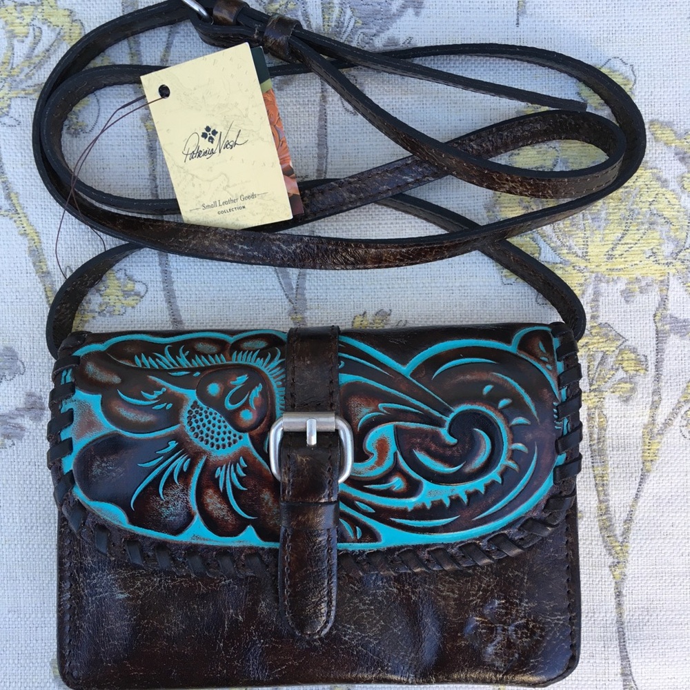 Patricia Nash Turquoise Tooled Brown Leather Crossbody Bag